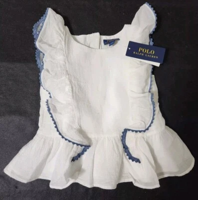 Polo Ralph Lauren 100% White Cotton Gauze Lined Blue Ruffle Shirt Girls Size 5 - Image 1 of 4