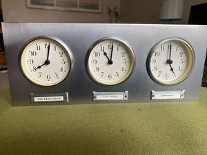 Pottery Barn Around The World 3 Time Zones Brushed Nickel Clock Home Office - Picture 1 of 6