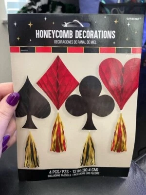 CASINO NIGHT HONEYCOMB DECORATIONS w/ TASSELS (4) ~ Birthday Party Supplies Red - Image 1 of 2