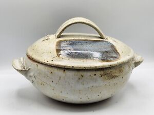 Signed Stoneware Steam Pot Handmade Speckled Clay Pottery Handles Lid