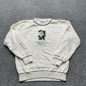 VINTAGE Chelsea Gardens Sweater Medium White Floral Crew Made USA Grannycore - Picture 1 of 7