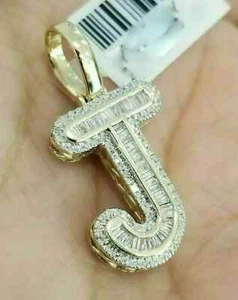 14K Yellow Gold Over Baguette Diamonds Initial Alphabet Letter J Pendant Charm - Bild 1 von 4