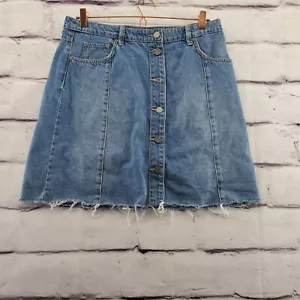 ALLSAINTS A Line Skirt Womens 10 Medium Wash Button Front Denim Raw Hem Knee - Picture 1 of 11