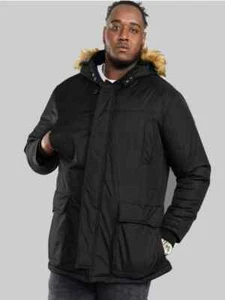 D555 Big Kingsize Mens Black Parka Coat Hood Detachable Faux Fur (KS13382B) - Picture 1 of 4