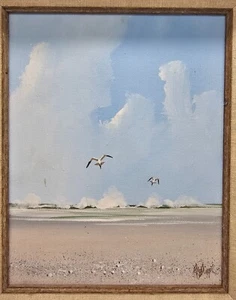 Rex Duggar Oil On Canvas Artwork vtg Wooden Frame 16.1" Sea Beach Birds gulls - Picture 1 of 10