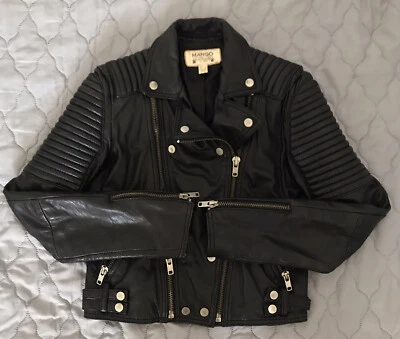 MANGO BLACK BIKER JACKET GENUINE QUALITY LEATHER REF. 23070014 WOMENS SIZE XS - Image 1 of 3