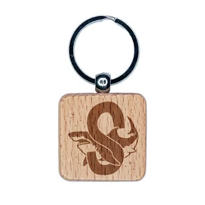 Animal Alphabet Letter S for Shark Engraved Wood Square Keychain Tag Charm - Picture 1 of 6