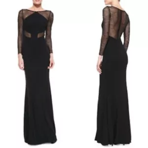Monique Lhuillier Long Sleeve Lace Black Long Sleeve Crew Neck Maxi Dress - Picture 1 of 10