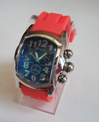 MEN'S ORANGE SILICONE BAND/SILVER FINISH BLUE DIAL FASHION DRESSY HIP HOP WATCH - Image 1 of 4