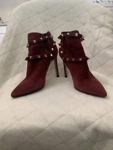 Valentino Women's Size 37.5 Stud Burgundy Suede Booties - Picture 1 of 8