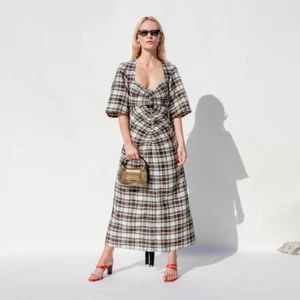 Ganni Black Grey Red Check Plaid Midi Maxi Dress Cut Out NWT $760 Size 38 Au 10 - Picture 1 of 14