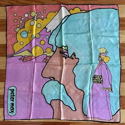 VINTAGE 1970s PETER MAX SELF PORTRAIT SILK SCARF PSYCHEDELIC COLORFUL 27" SQUARE - Изображение 1 из 4