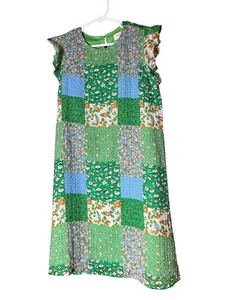 Roolee Kids Dress Girl’s 7-8 Green Blue Patchwork Design Lined Cap Ruffle Sleeve - Picture 1 of 8