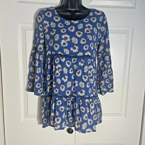 Vintage Y2K Forever 21 Shirt Women Medium Blue Floral Daisy Babydoll Tiered Top - Picture 1 of 11