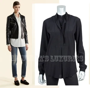 GUCCI TOP BLACK SILK BLOUSE DOUBLE FRONT SHIRT LOGO BUCKLE $750 sz IT 40 US 4 - Picture 1 of 10