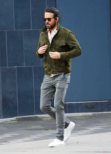 Men’s Genuine Cowhide Suede Leather Jacket Green – Biker & Motorcycle Jacket - Picture 1 of 12
