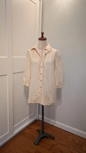 Peruvian Connection Size S  Ruffled Button Up Voile Shirt Blouse Cotton Sheer  - Picture 1 of 7