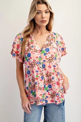 New Easel Blouse Short Sleeve Floral Top Smocked V Neck Shirt Small Relaxed Fit - Image 1 of 4