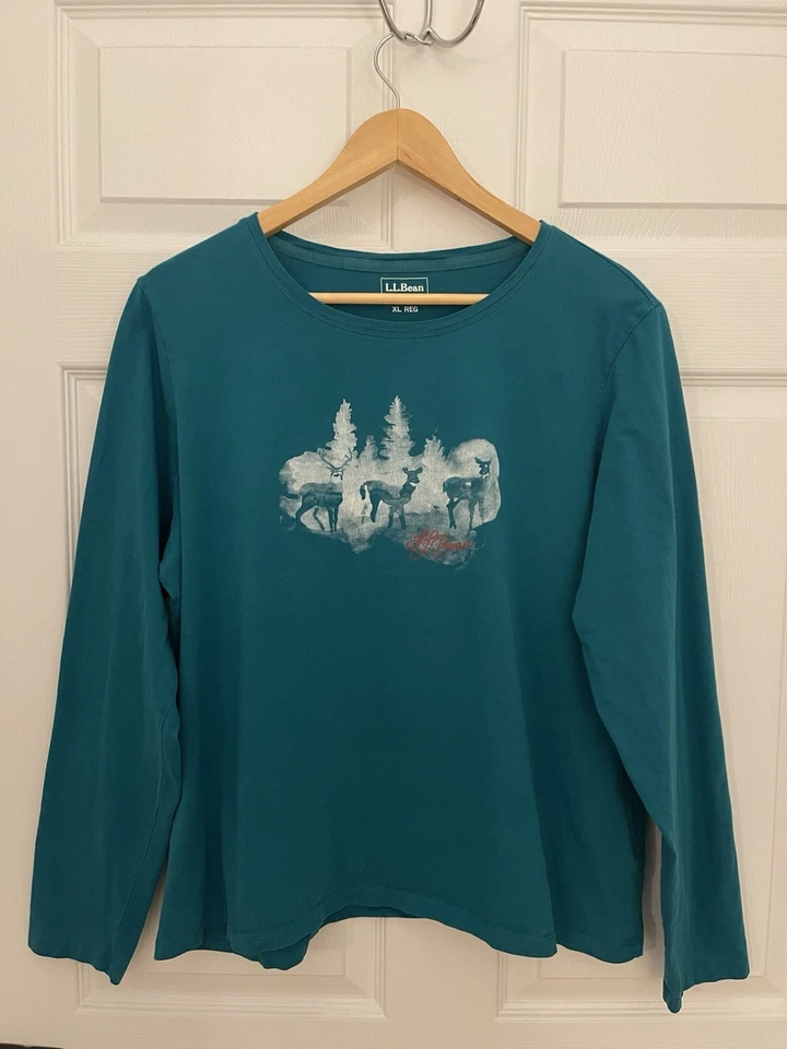 LLBean Navidad Vacaciones Mujer XL Verde azulado Camiseta Manga Larga Nieve Árboles Ciervo Buck Foto 1 de 4