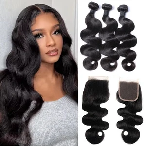 Brazilian Body Wave Virgin with Lace Closure(14 16 18 with12 Closure) Human H... - Picture 1 of 6