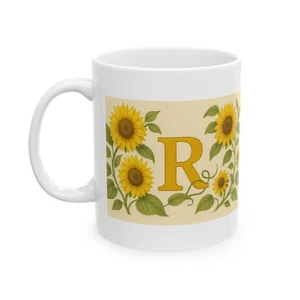 Keramiktasse Sonnenblume mit Monogramm - hellgelb - Geschenk 11 Unzen oder 15 Unzen - Bild 1 von 11