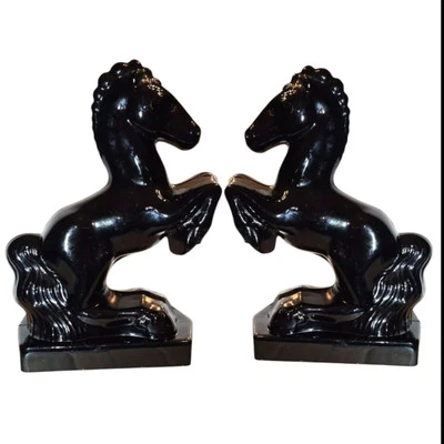 Black Glass Amethyst Rearing Horses Book Ends Statue Figurine Heavy Stallion MCM - Image 1 of 4