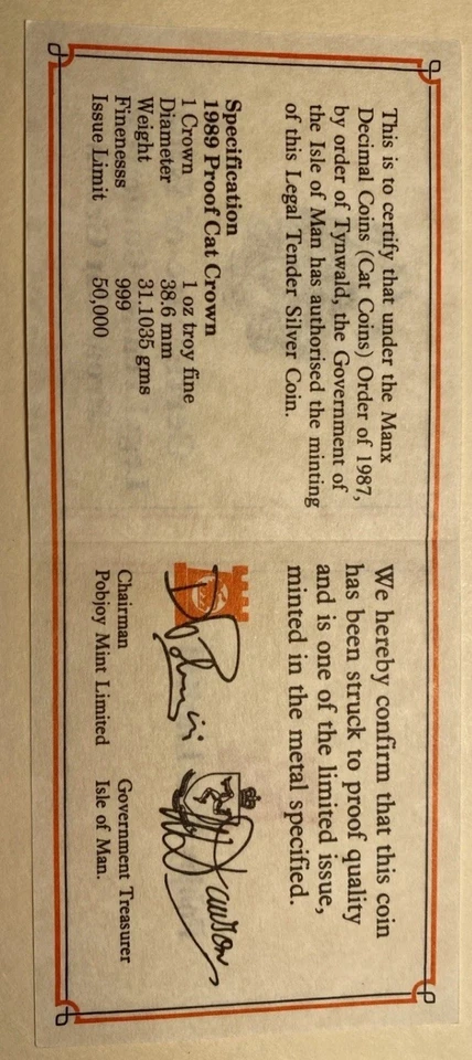 Isle Of Man Pobjoy Mint 1989 1 Crown Cat Crown Certificate (no Coin) - Image 1 of 2