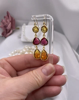 Rhodolite Garnet Citrine Earrings Briolette 14K Gold Filled SIMULATED - Image 1 of 4