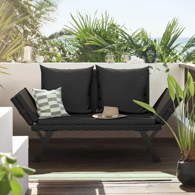 Sofá cama convertible de exterior con cojines negros almohadas para muebles de patio Foto 1 de 4