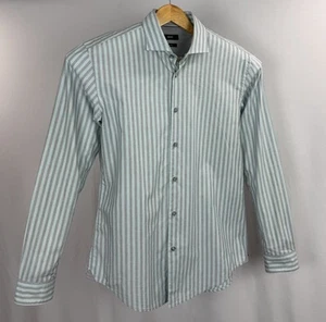Hugo Boss Button-Up Shirt Mens Large Slim Green Gray Striped Long Sleeve Cotton - Picture 1 of 11