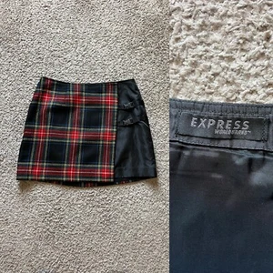 Vintage Express Mini Skirt Black Tartan Plaid Wrap Wool Cyber Grunge Punk Y2K - Picture 1 of 6