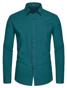 HISDERN Men's Dress Shirt Long Sleeve Teal Button up Shirt Regular Fit Size XL - Picture 1 of 8