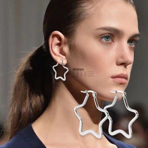 Star Shaped Stainless Steel 40MM Big Women Sleeper Hoop Earrings Silver Plated - Picture 1 of 8