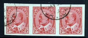 CANADA KE VII 1909 Two Cents Rose-Carmin IMPERFORATE STRIP OF THREE SG 177a VFU - Bild 1 von 2