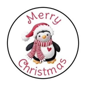 48 MERRY CHRISTMAS PENGUIN ENVELOPE SEALS LABELS STICKERS 1.2" ROUND - Picture 1 of 1