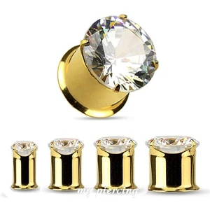PAIR of Gold IP Surgical Steel Clear CZ Prong Set Double Flare Tunnel Ear Plugs - Picture 1 of 2