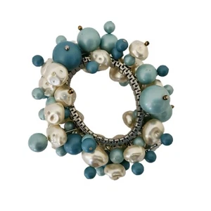 Sea Cluster Faux Pearl and Beaded Handmade Chunky Blue and White Bracelet Ocean - Picture 1 of 7