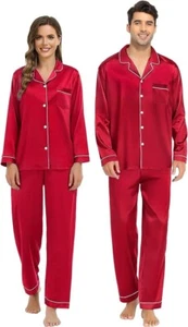 SWOMOG Couple Matching Pajamas Set Silk Satin Button Down Sleepwear Long Sleeve - Picture 1 of 4