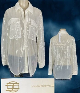 House Of Harlow 1960 M Cream Sheer Mesh Sequin Button Collar Long Sleeve Blouse - Picture 1 of 6