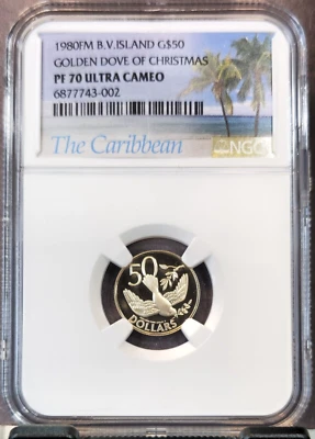 1980 B V ISLAS ORO 50 DÓLARES PALOMA DORADA DE NAVIDAD NGC PF 70 ULTRA CAMAFEO Foto 1 de 3
