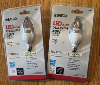 (2) Satco S8952 LED 4.5W Dimmable Candelabra Soft White 3000K/E12 Bulbs NEW NIP - Image 1 of 4