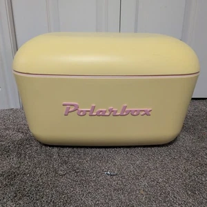 Retro Amarillo Polar Caja Enfriador Rosa Letras Correa Cuero Hecho en España - Imagen 1 de 5