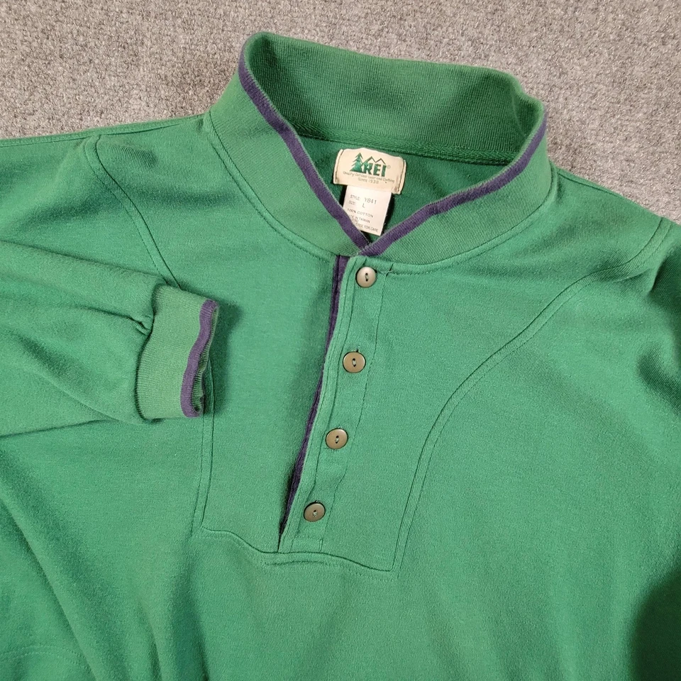Vintage REI Sweatshirt Mens Large Green Button Henley Mock Neck Pockets 90s - Image 1 of 4