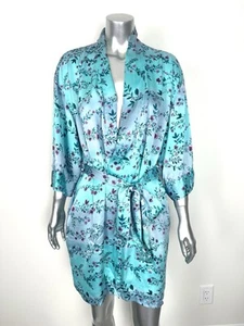 100% Silk Women’s Robe Kimono Blue Floral Print Belted August Silk - Picture 1 of 9