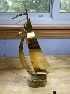 Demott Brass Sailboat Nautical Sculpture on Onyx Base 11.5 ” W/ Tag Signed - Picture 1 of 10