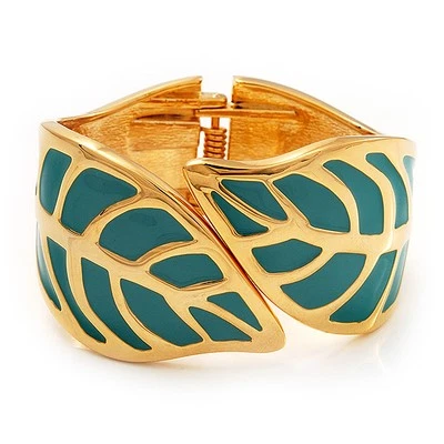 Turquoise Coloured Enamel 'Leaf' Hinged Bangle In Gold Plated Metal - 18cm - Image 1 of 4