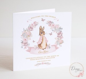 PERSONALISED PETER RABBIT New Baby Card - Baby Girls - Flopsy
