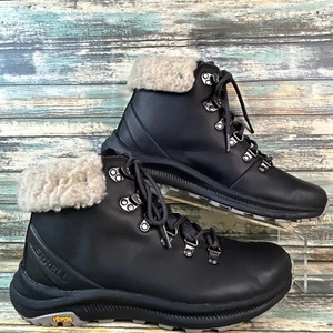MERRELL Waterproof Hiking Boot Womens 9 Black Leather Warm Faux Fir Trim Combat - Picture 1 of 14