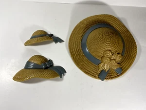 Vintage Burwood Home Interior Wall Decor Brown Straw Bonnet Blue Ribbon Set Of 3 - Picture 1 of 20