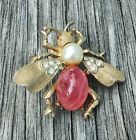 Vintage Pink Jelly Belly Gold Insect Brooch Rhinestones Pearl Bee Bug Fly Rare